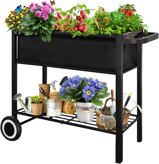 Elevate Your Gardening Game with Our Stylish Black Raised Garden Bed on Wheels - Perfect for Vegetables, Flowers, and Herbs!
