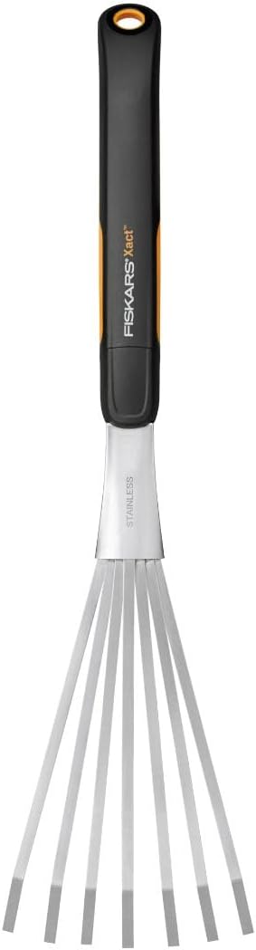 Xact Hand Rake, Heavy Duty Gardening Hand Tool with Ergonomic Handle and Hanging Hole for Storage, Stainless Steel Head and Tines, Perfect for Maintaining a Raised Garden Bed