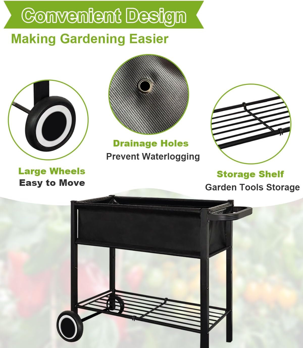 Elevate Your Gardening Game with Our Stylish Black Raised Garden Bed on Wheels - Perfect for Vegetables, Flowers, and Herbs!