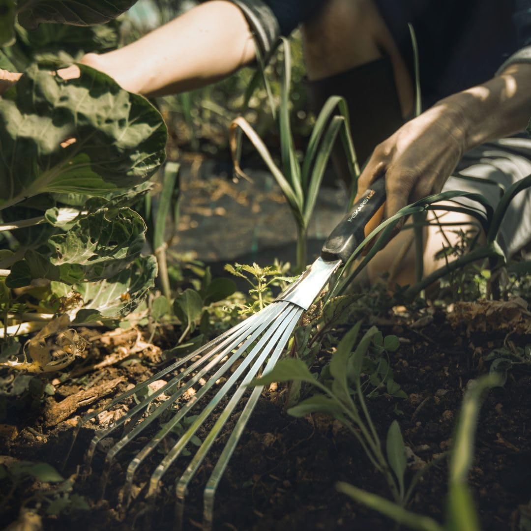 Xact Hand Rake, Heavy Duty Gardening Hand Tool with Ergonomic Handle and Hanging Hole for Storage, Stainless Steel Head and Tines, Perfect for Maintaining a Raised Garden Bed