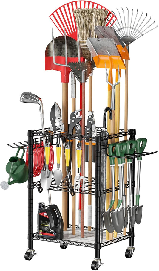 Heavy Duty T1 Garden Tool Organizer with Lockable Wheels – Versatile Garage Storage Solution for Up to 50 Tools in Black, Complete with Anti-Tip Device