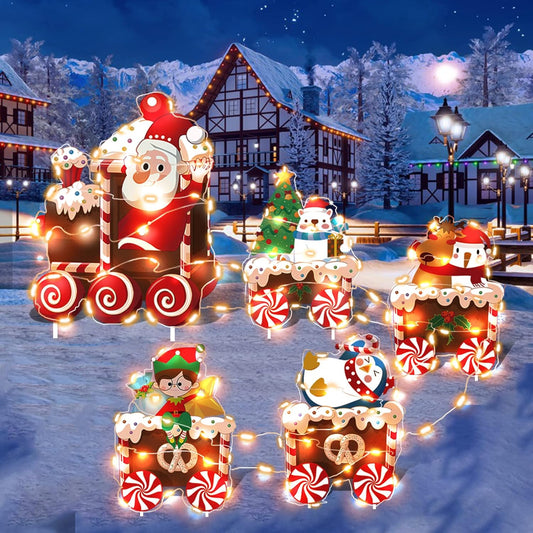 Enchant Your Holiday Season with Our Christmas Train Decoration Set – 5-Piece LED Light Yard Signs Featuring Santa, Elf, Snowman, and More for Delightful Outdoor Festivities