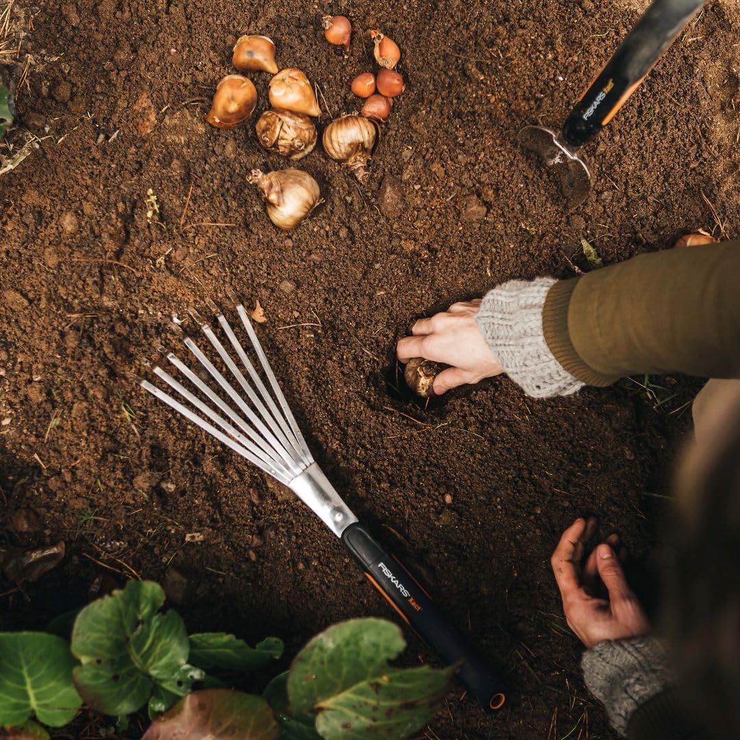 Xact Hand Rake, Heavy Duty Gardening Hand Tool with Ergonomic Handle and Hanging Hole for Storage, Stainless Steel Head and Tines, Perfect for Maintaining a Raised Garden Bed