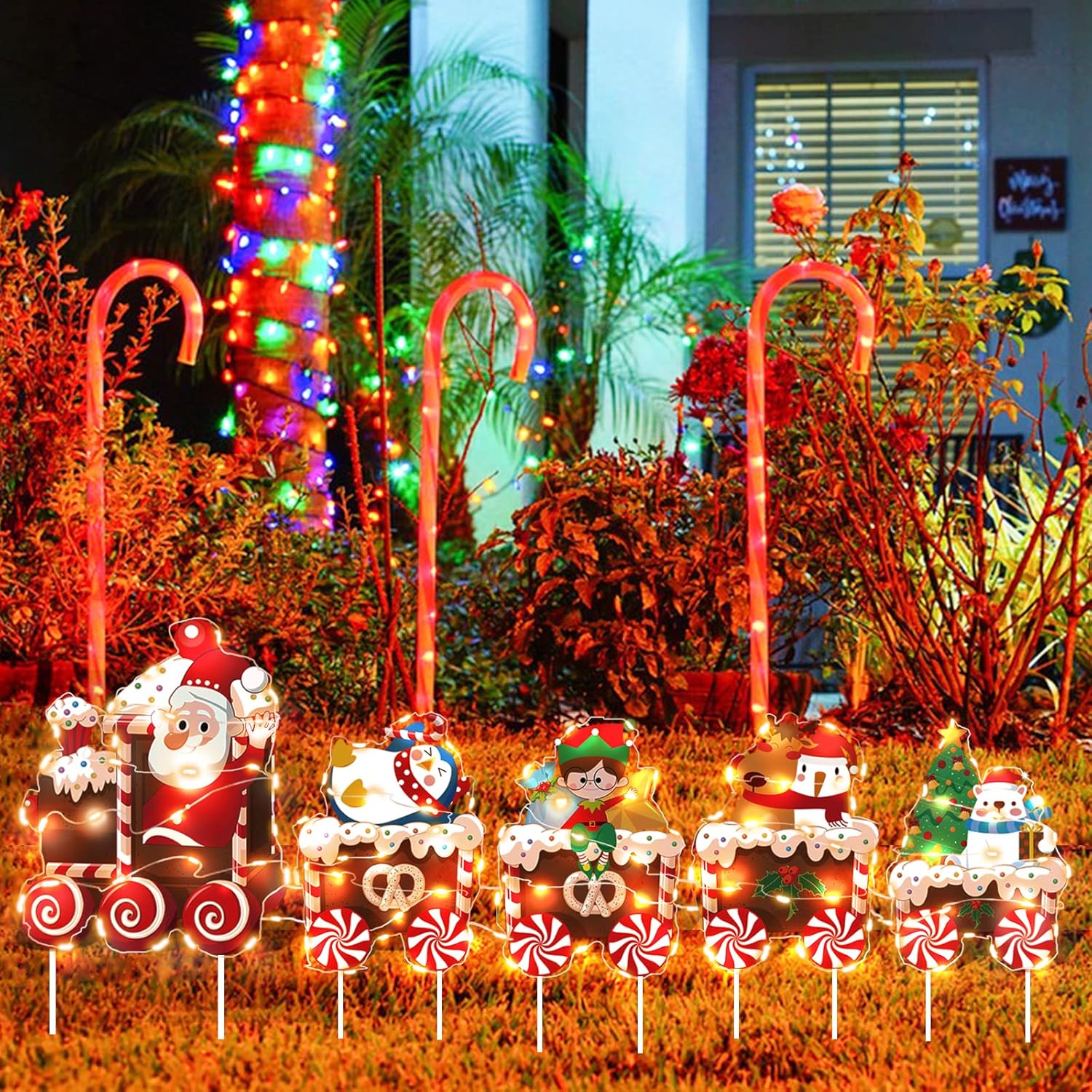 Enchant Your Holiday Season with Our Christmas Train Decoration Set – 5-Piece LED Light Yard Signs Featuring Santa, Elf, Snowman, and More for Delightful Outdoor Festivities