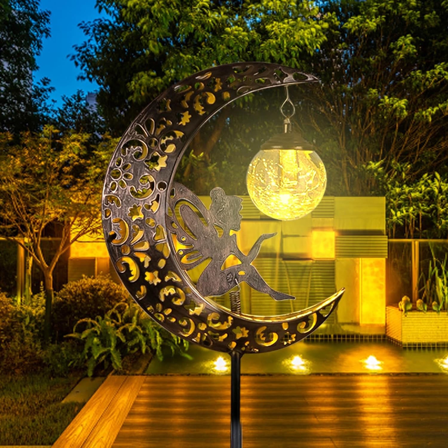Enchant Your Outdoor Space with Solar Garden Moon Fairy Lights - Waterproof Warm White LED Stake Ornament for Pathway and Patio Decor